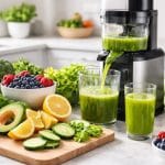 Juicing Recipes for Kidney Health: Evidence-Based Blends to Support Renal Function A kitchen countertop with fresh fruits and vegetables, a glass juicer making green juice, and a glass filled with juice.