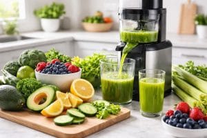 A kitchen countertop with fresh fruits and vegetables, a glass juicer making green juice, and a glass filled with juice.