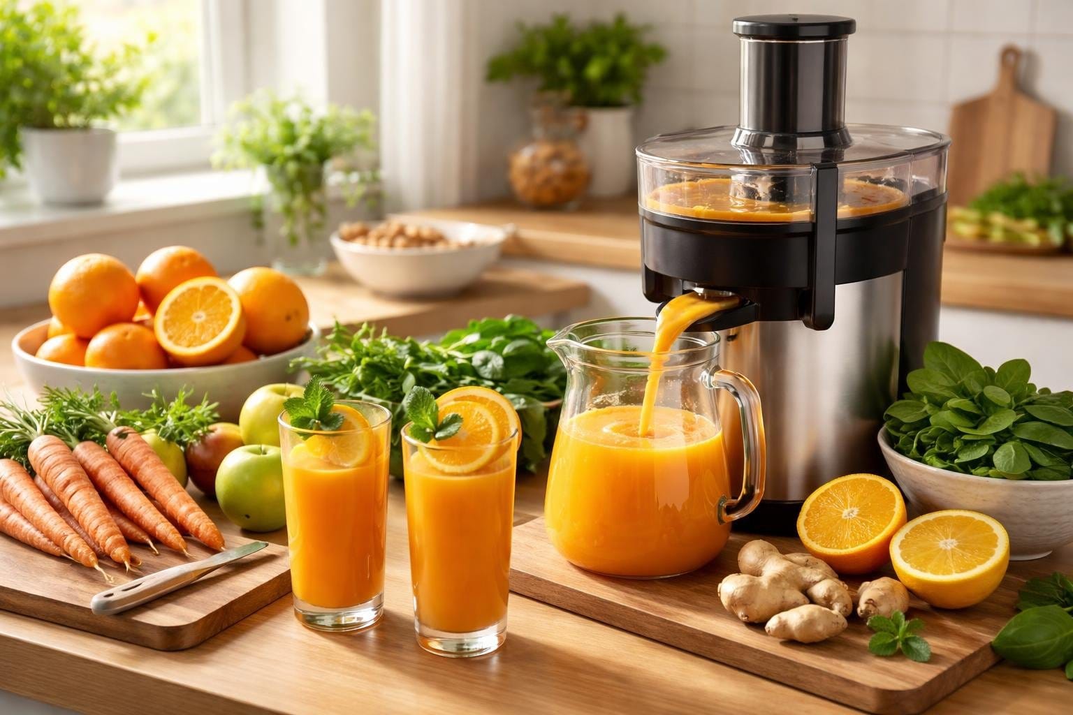 A kitchen countertop with fresh fruits and vegetables, a juicer making orange juice, and two glasses of juice garnished with citrus and mint.