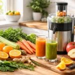 Morning Juicing Recipes to Energize Your Day and Boost Your Health A kitchen countertop with fresh fruits and vegetables and a glass juicer ready for making morning juice.