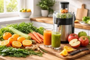 A kitchen countertop with fresh fruits and vegetables and a glass juicer ready for making morning juice.