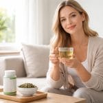 A woman sitting in a bright room holding a cup of green tea, with green tea leaves and supplements on a table nearby.