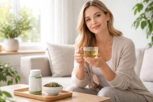 A woman sitting in a bright room holding a cup of green tea, with green tea leaves and supplements on a table nearby.