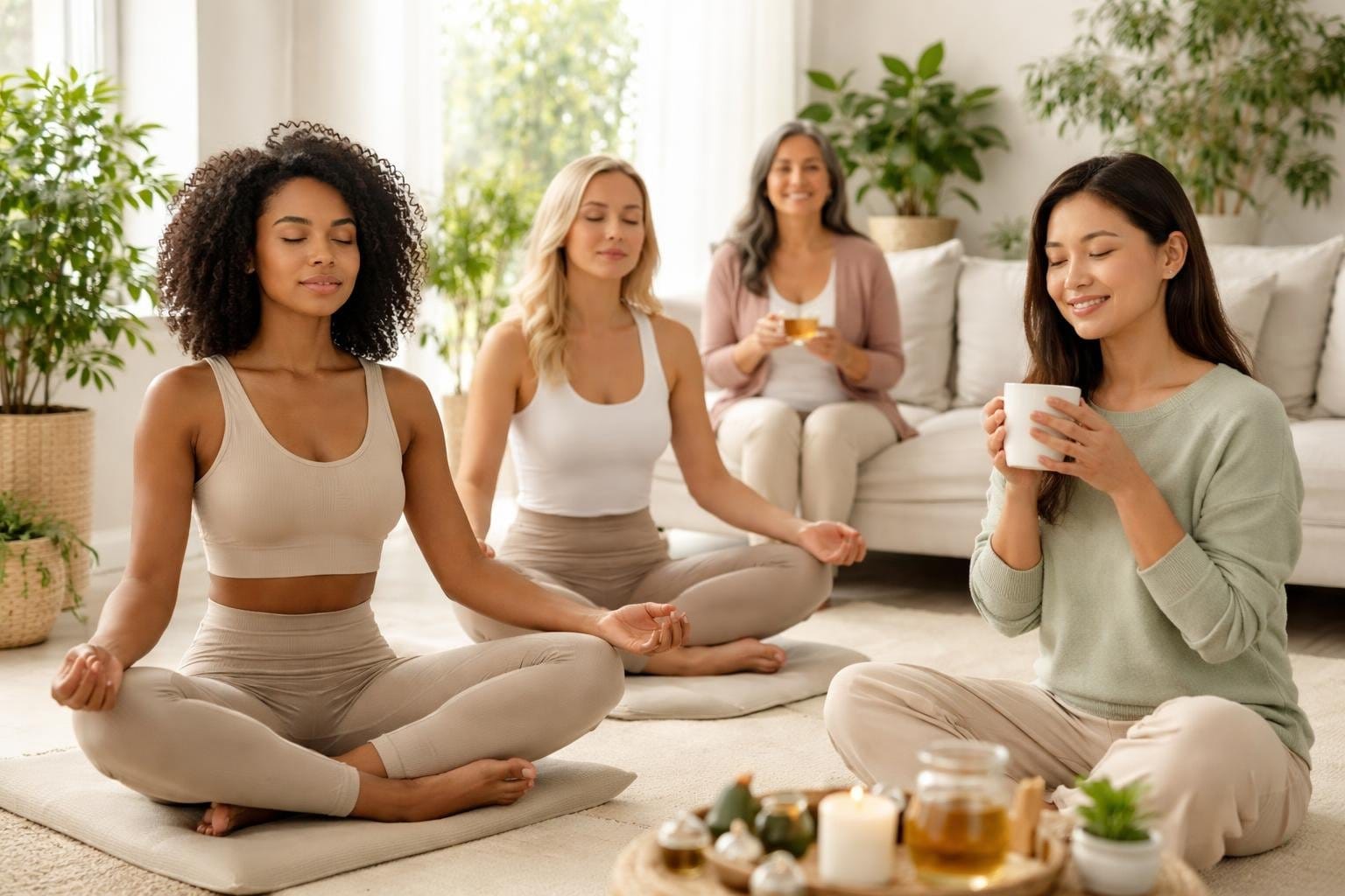 A group of diverse women relaxing and meditating in a bright, peaceful wellness setting with natural light and plants.