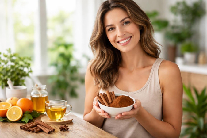 A smiling woman holding a bowl of cinnamon sticks and powder in a bright kitchen with fruits and herbal tea.