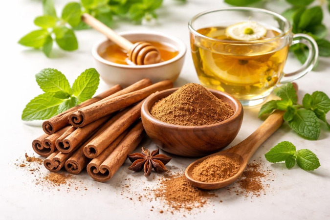 Close-up of cinnamon sticks and ground cinnamon arranged with green leaves, honey, and herbal tea on a white surface.